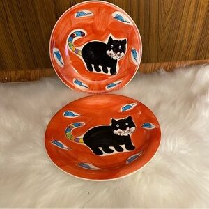 Set ‎ of two hand painted black cat small plates